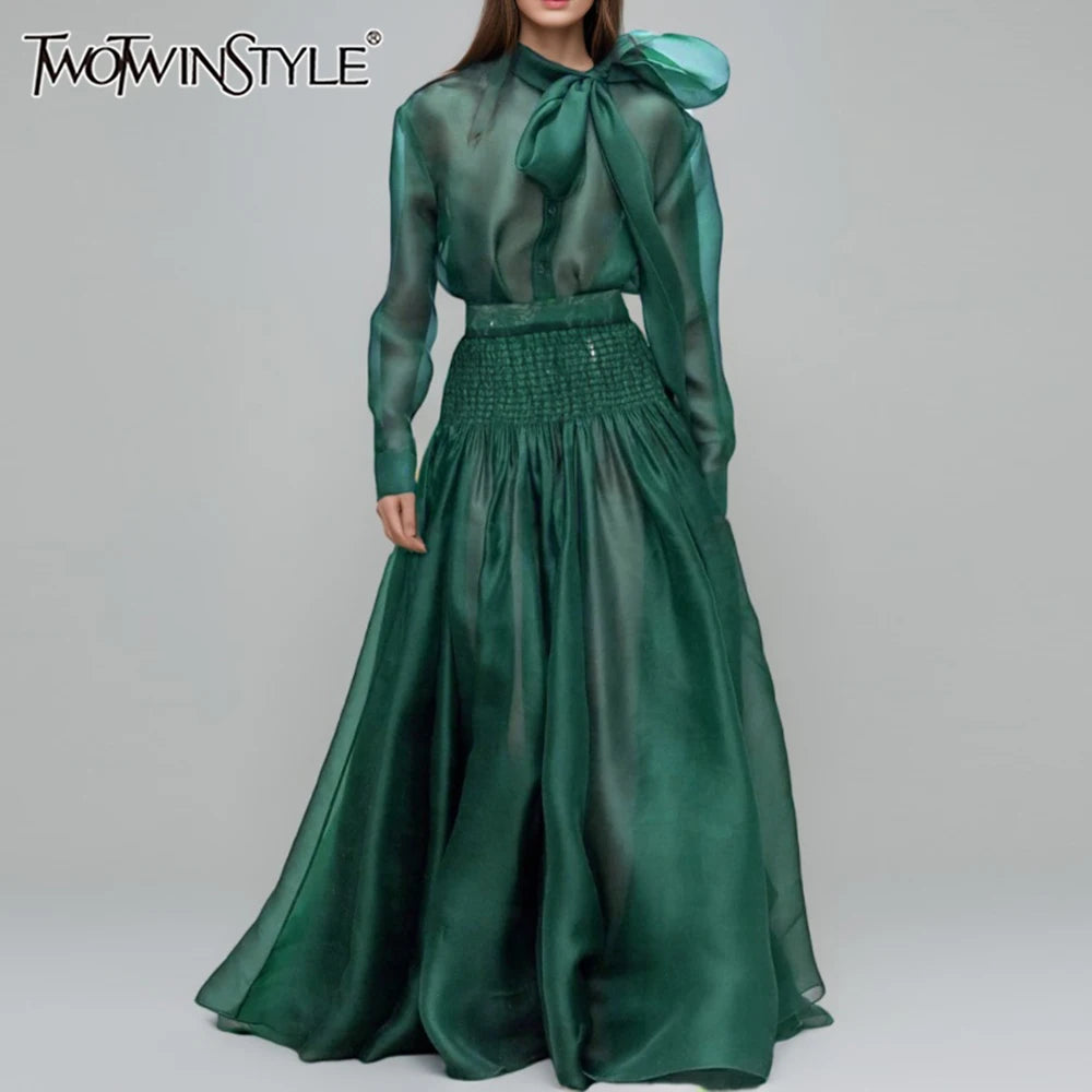 Solid Sheer Two Piece Sets for Women Round Neck Long Sleeves Spliced Bowknot Top High Waist Skirt Set Female New