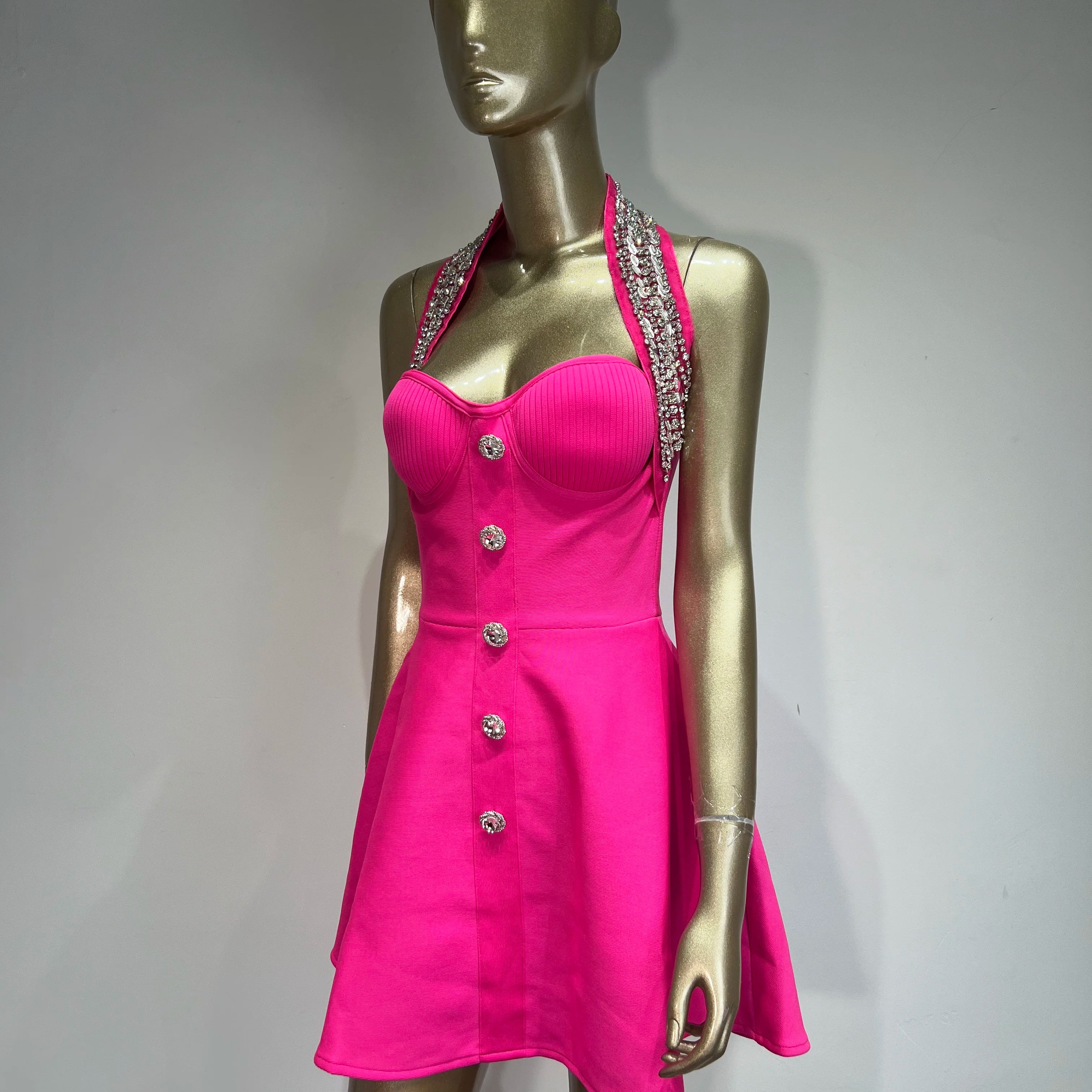 Rosered Black Color Women Sexy Off the Shoulder Halter Shinning Crystal A-Line Bandage Mini Dress Celebrate Nightclub Party Wear