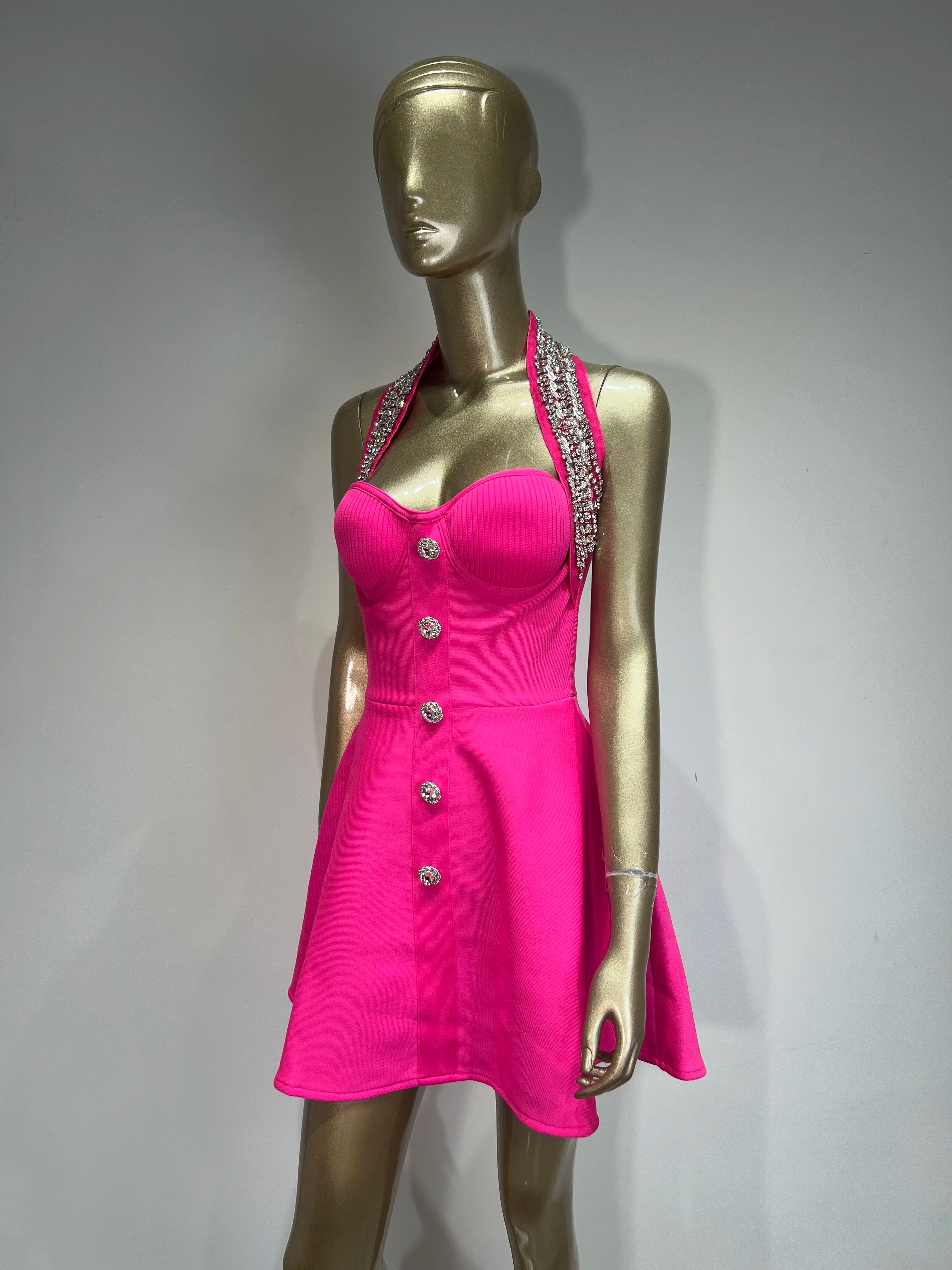 Rosered Black Color Women Sexy Off the Shoulder Halter Shinning Crystal A-Line Bandage Mini Dress Celebrate Nightclub Party Wear