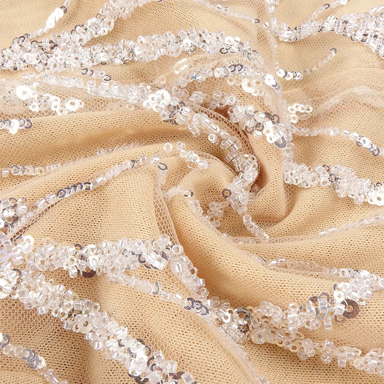 High-Shine Beige Sequins Pearls & Mesh Long Sleeve Dress for Gala Spotlight Party Evening Gown