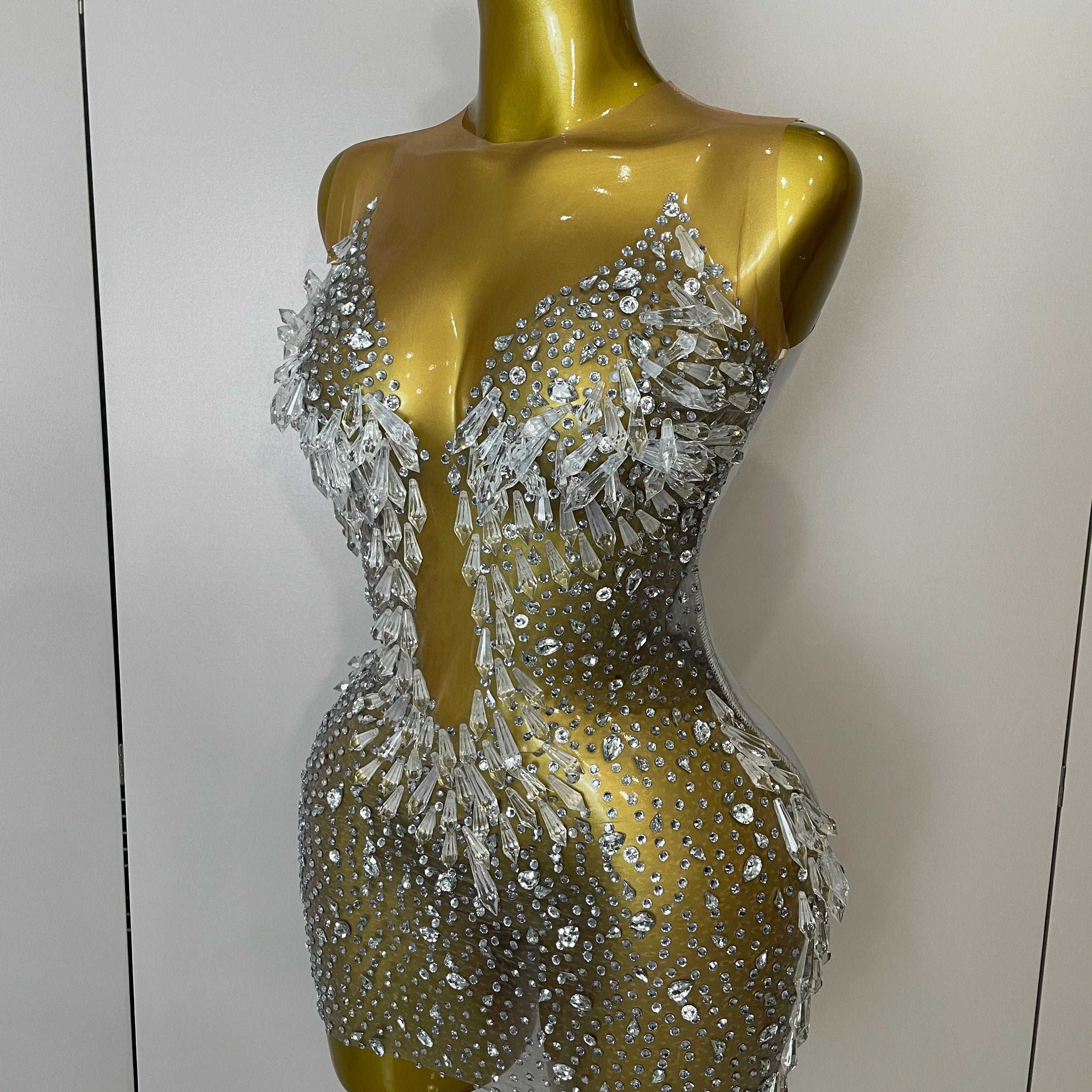 Stock 2025Women Luxury Sexy Mesh Crystal Diamonds Mini Dress Birthday Party Costume Nightclub Stage Performance Singer Outfit