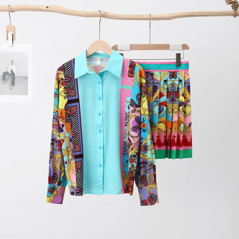 Elegant Print Short Shirt Skirts Sets Women Pink Lantern Long Sleeve Shirts Mini Pleated Female Summer Slim Ladies Suit Blue