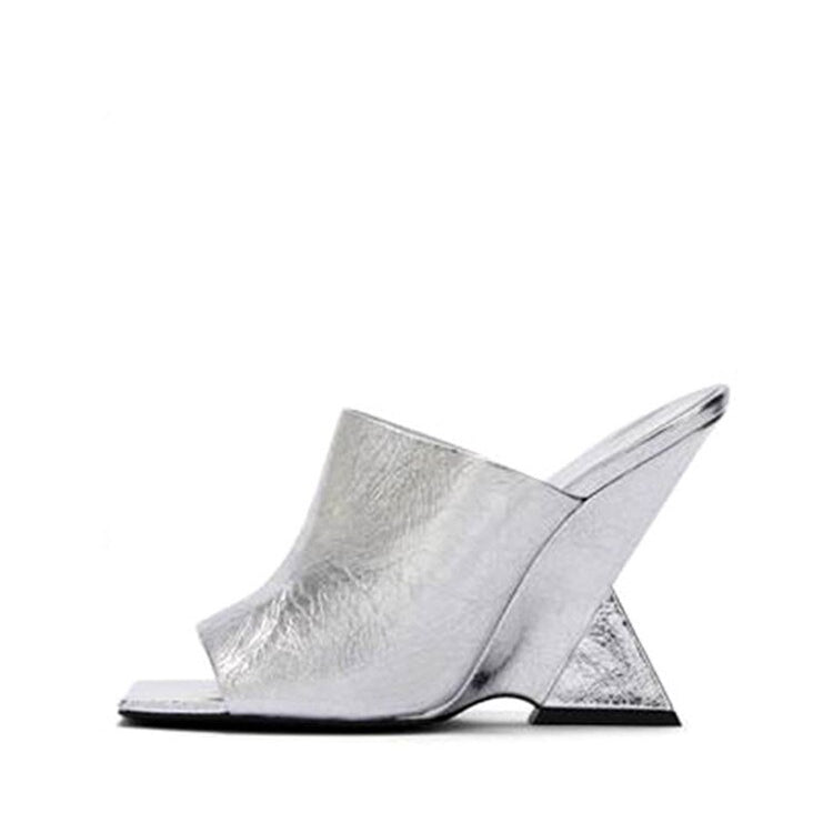 Women's New Summer High-heeled Diagonal Heeled Square Sandals, Fashionable Thick Heeled Slope Heel Large Silver