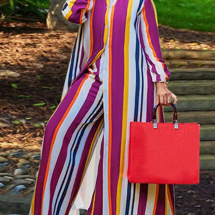 2 Piece Outfit Set Women Plus Size Matching Sets Long Shirt Top and Pants Sets Striped Casual Outfits 5xl Women Autumn Clothes