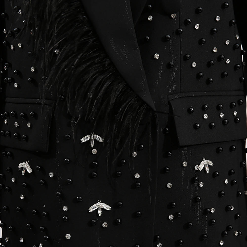 Solid Spliced Bead Luxurious Jackets for Women Lapel Long Sleeves Patchwork Single Breasted Jacket Female Clothing