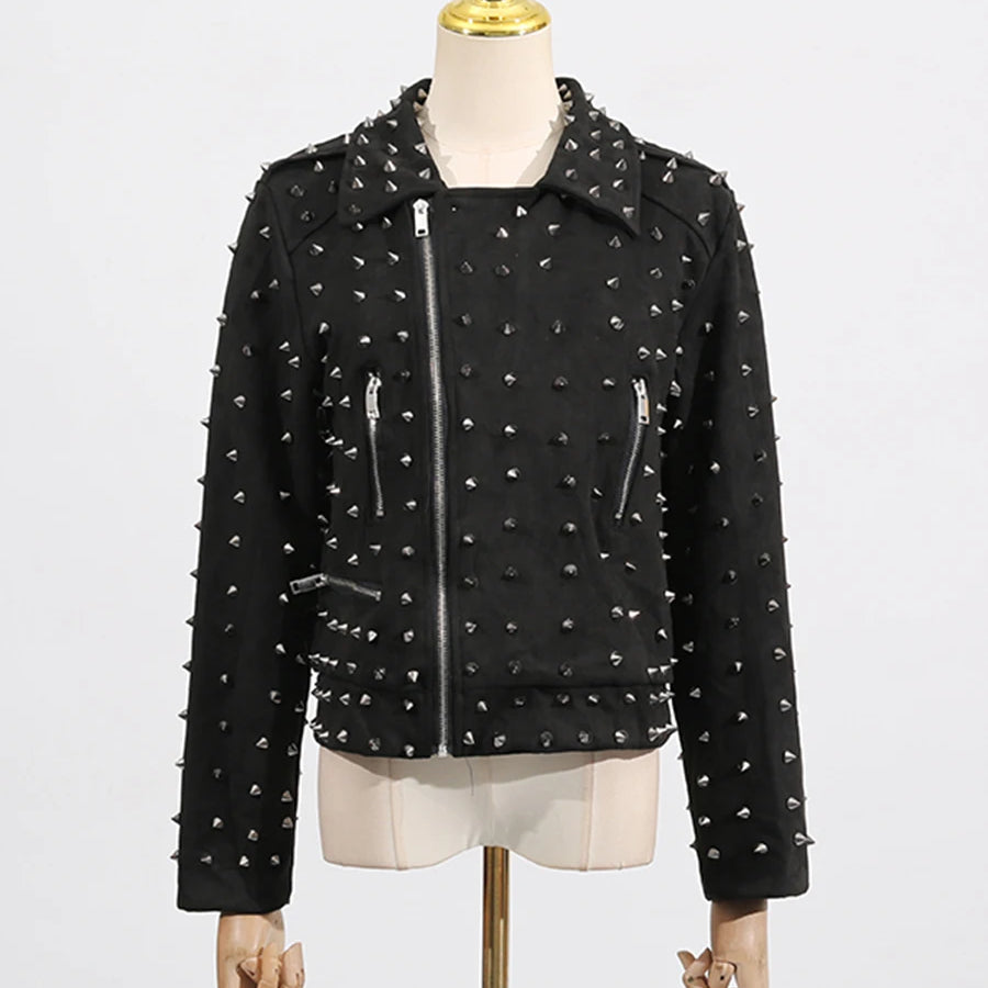 Solid Spliced Zippers Casual Jackets for Women Lapel Lomg Sleeves Patchwork Rivets Luxurious Jacket Femlae Fashion BLACK