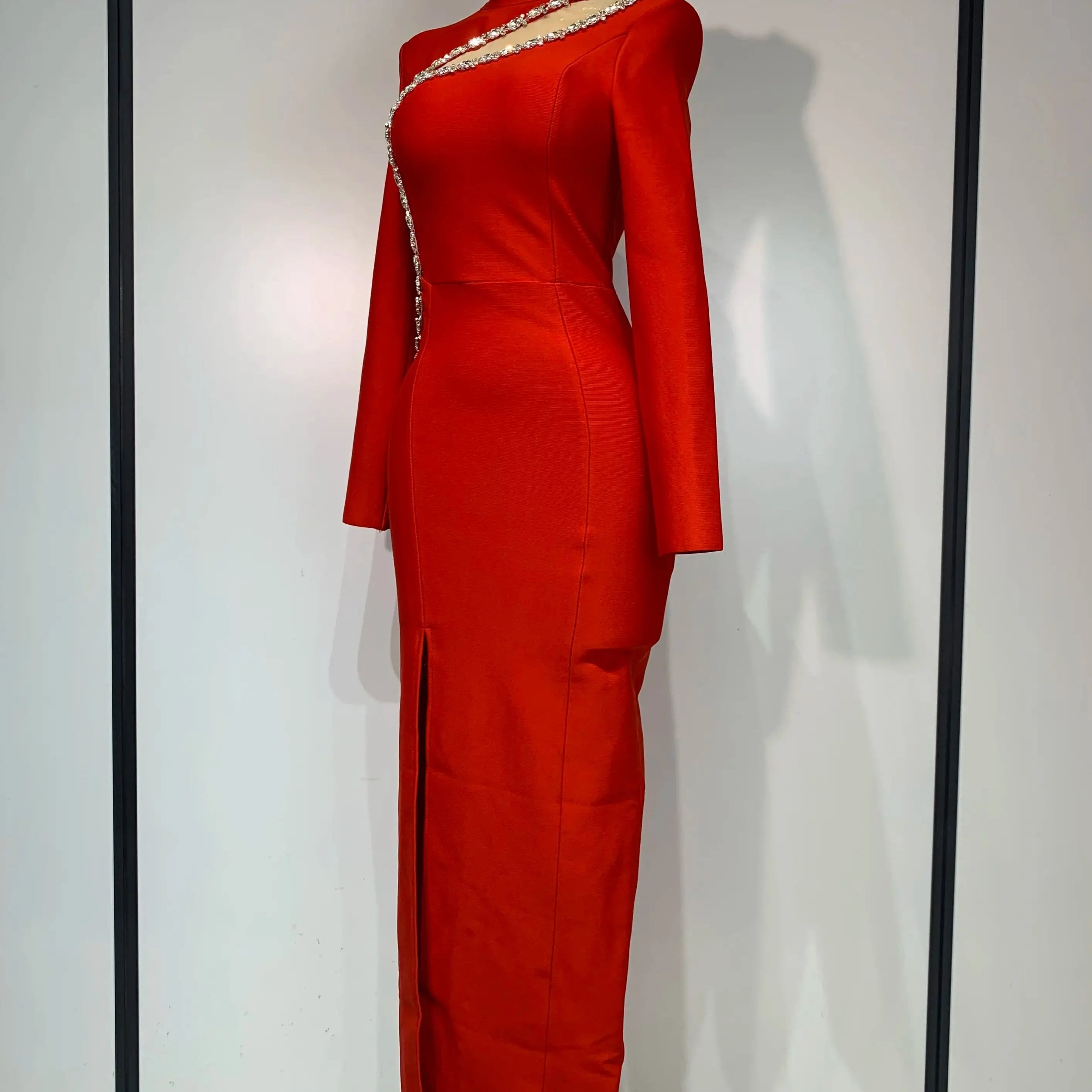 Sparkly Rhinestone Long Sleeve Red Bodycon Bandage Dress Women Wedding Evening Club Party Prom Gowns Luxury Birthday Dresses