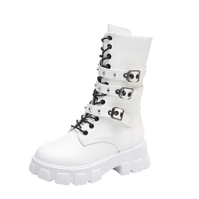 Gothic Platform Buckles Chains Punk Rivets Combat Motorcycle Boots Shoes for Women Chunky Heels Mid Calf Boots boats WHITE