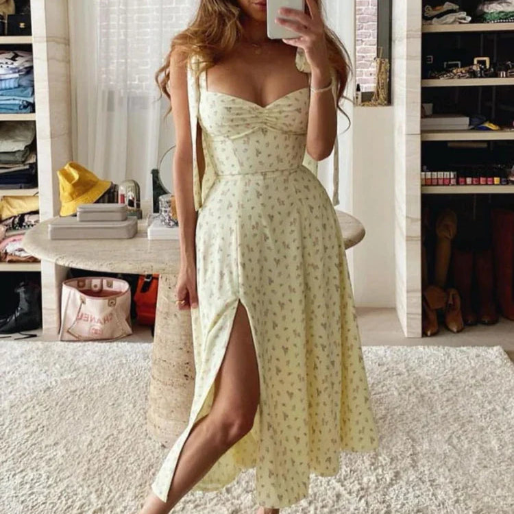Summer Floral Long Dress Women Fashion Sleeveless Off Shoulder White Slim Slip Maxi Dresses Elegant Sundress Vestido Casual Yellow