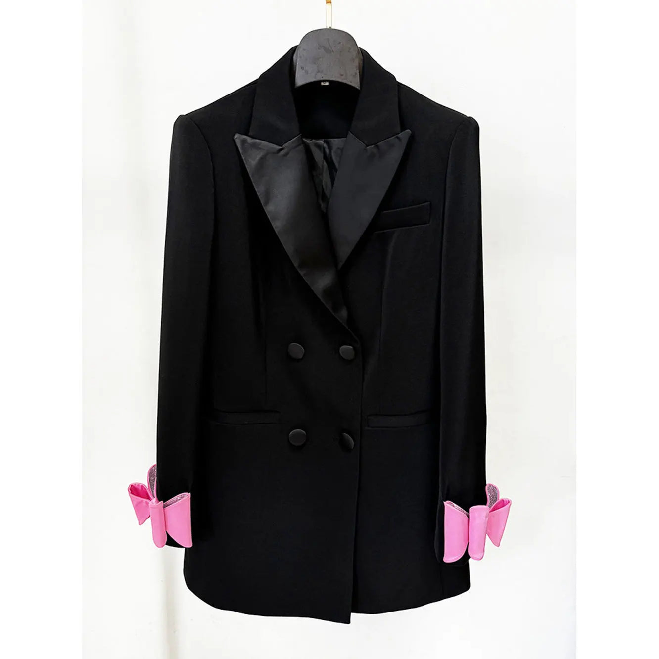 2024 Autumn Elegant Women's OL Medium length Blazer Collar Long Sleeve Double breasted Water Diamond Bow Decoration Blazer Dress black