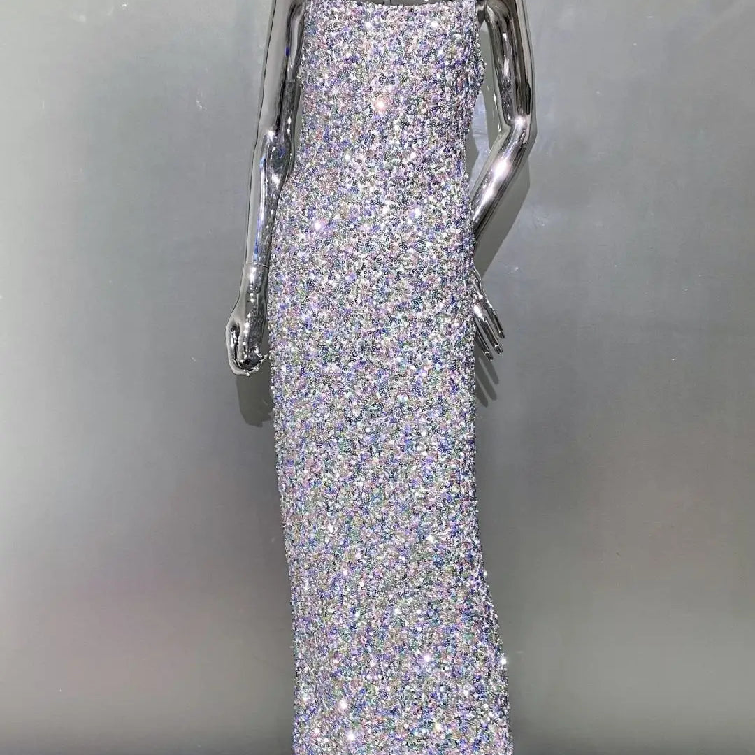 Shinning Sequins Women Sleeveless Sexy Square Collar Bodycon Long Fashion Evening Party Dress Birthday Prom Outfit Vestido