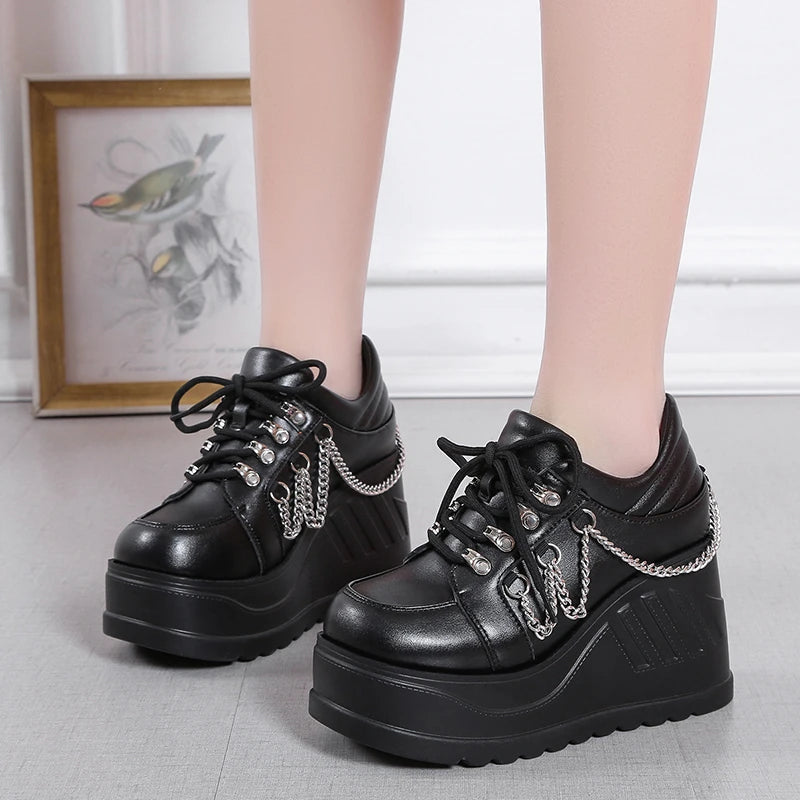 Women Pumps Metal Decoration Platform Flat Heel Female Shoes Ladies Wedge Lolita Gothic Harajuku Punk Footwear