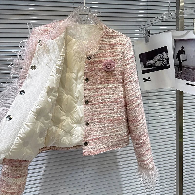 Winter New Fashion Style Ostrich Feather Edge Woven Tweed Cotton Liner Short Coat For Women Versatile Jacket 11A07865