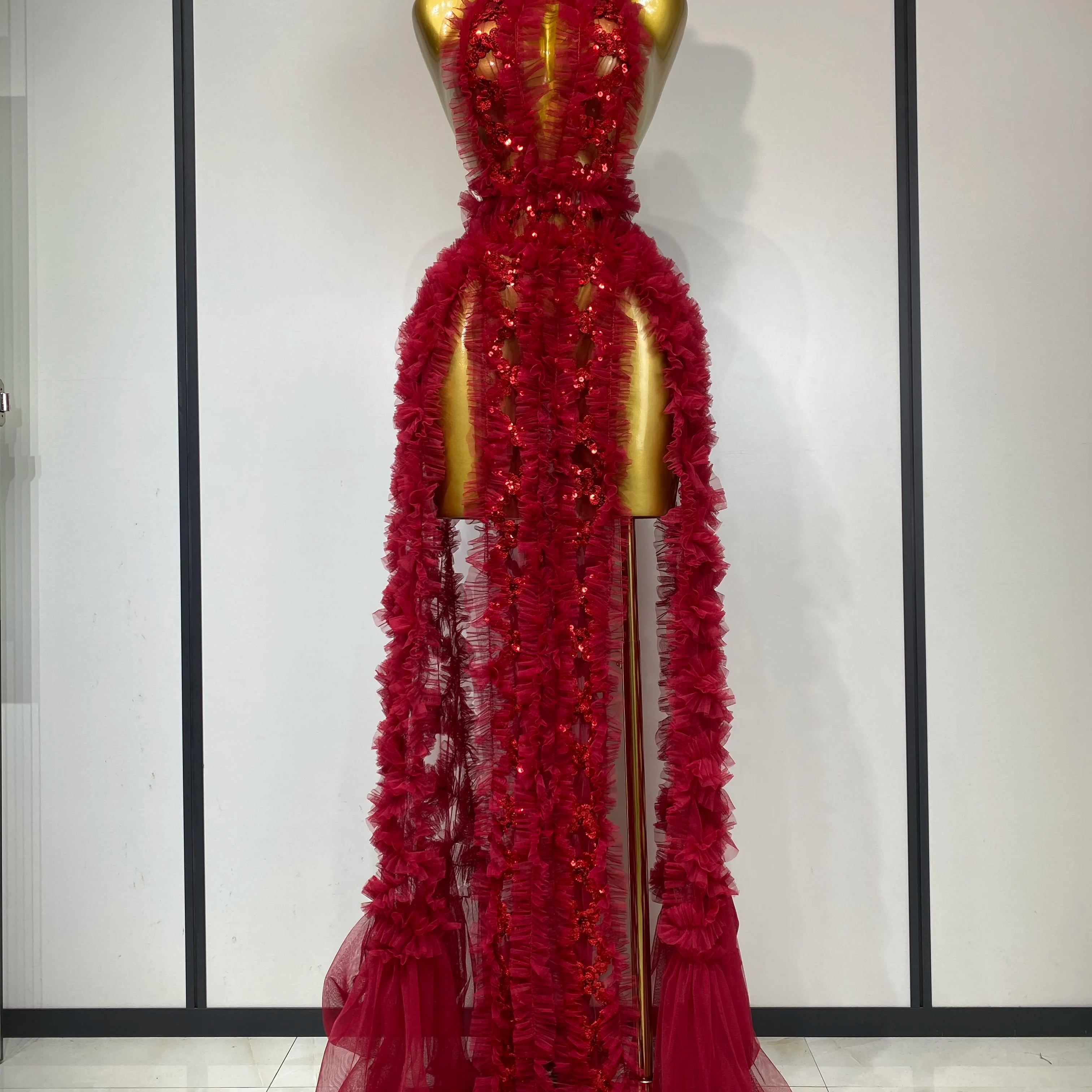 Black Mesh Sequins Sexy Halter See Through Dress 2025 Evening Party Prom Nightclub Singer Performance Costume Stage Wear Red