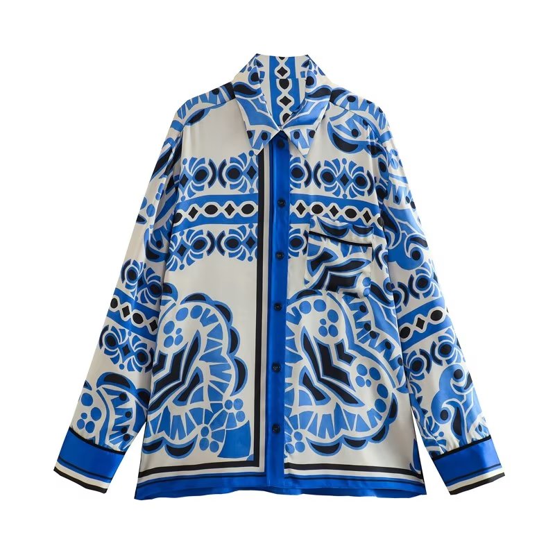 Woman Shirts Pants Sets 2024 New Summer Geometric Print Loose Long sleeved Shirts Fashion Elastic Waist Wide Leg Pants Outfits Shirt-Blue