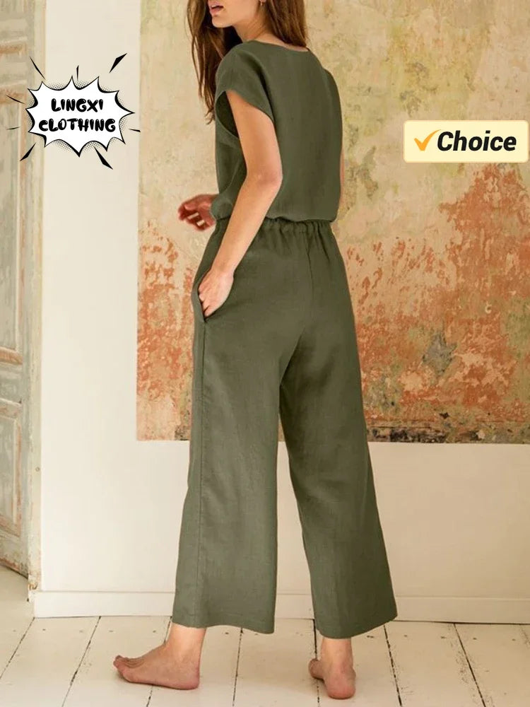 2024 New Matching Series Plus Size Women's Clothing Set Fashion Cotton and Hemp Short Sleeved Shirt Wide Leg Pants Two Piece Set