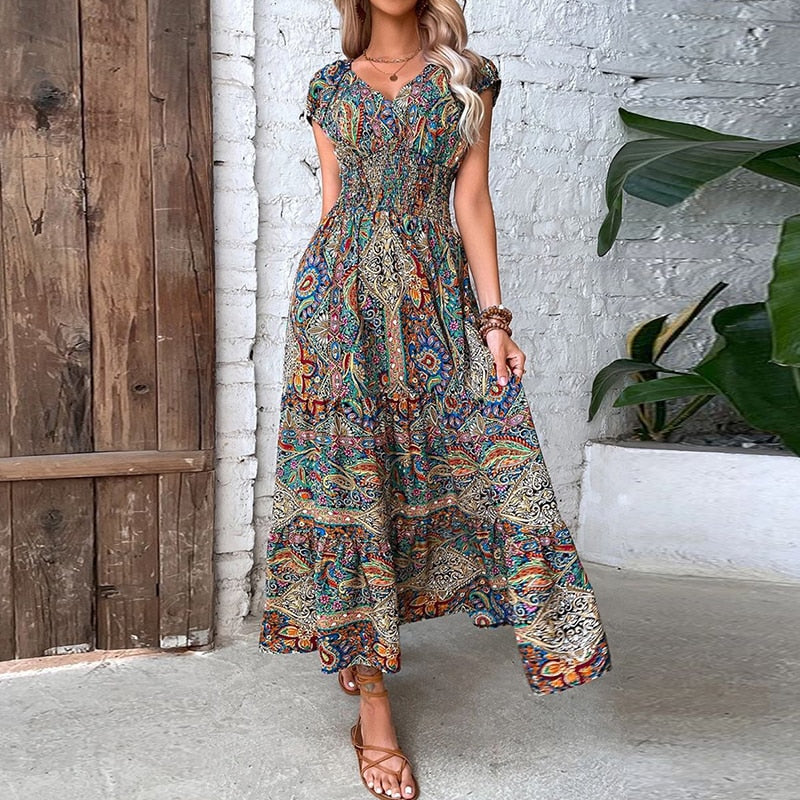 Women Vintage Print Long Dress 2024 Summer Sexy V Neck Short Sleeve A-line Dress Female Elegant Elastic Waist Maxi Dresess Robe Green