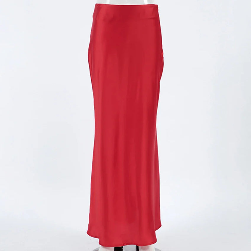 Bclout Fashion Satin Red Skirts Women Elegant Solid High Waist Office Lady Skirts Vintage Thin Party Slim Long Skirts Sexy