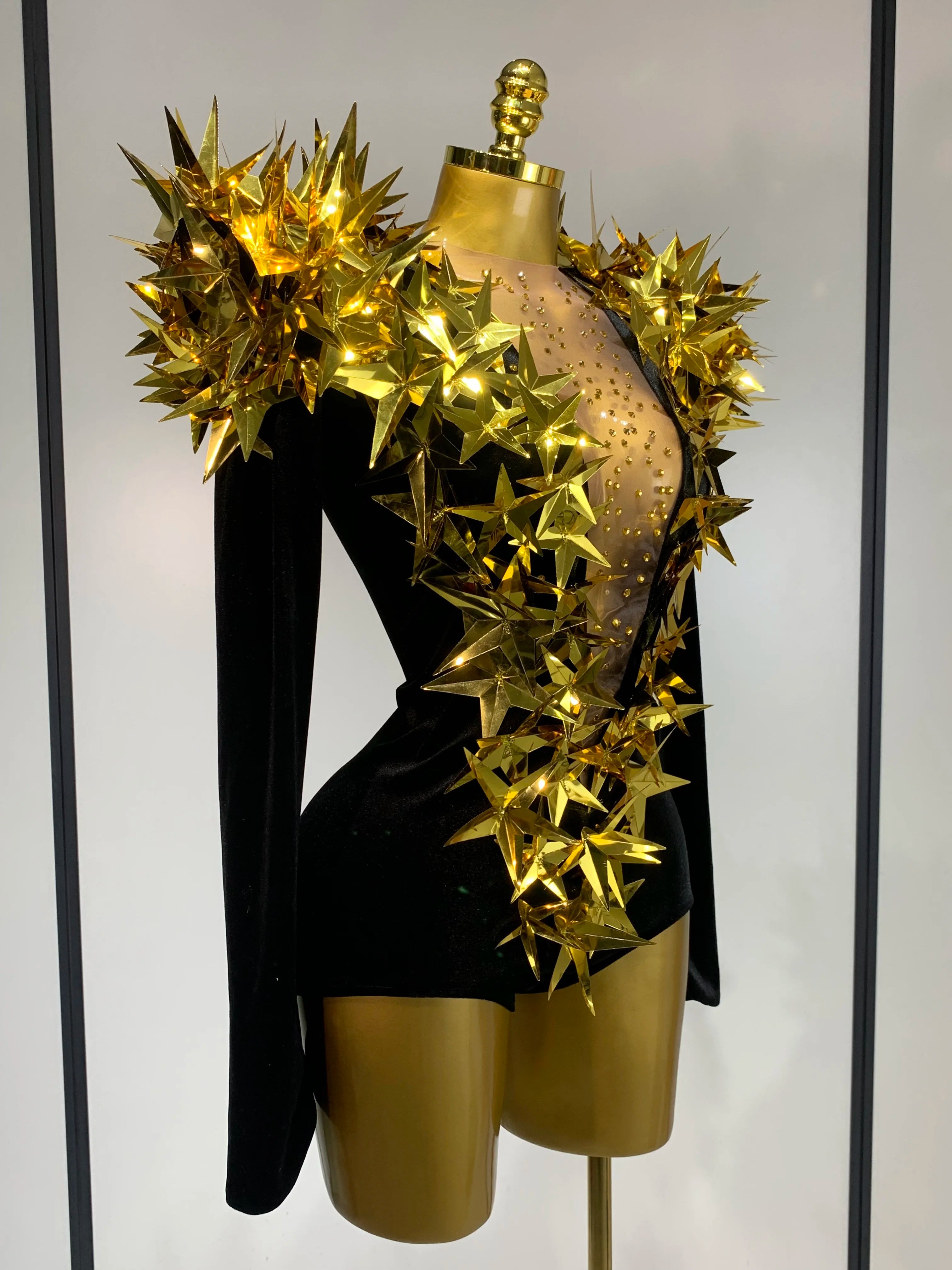 Women Sparkly Gold Rhinestone Black Velvet Long Sleeve Bodysuit Evening Party Club Gala Hosts Night Club Bar Stage Costumes