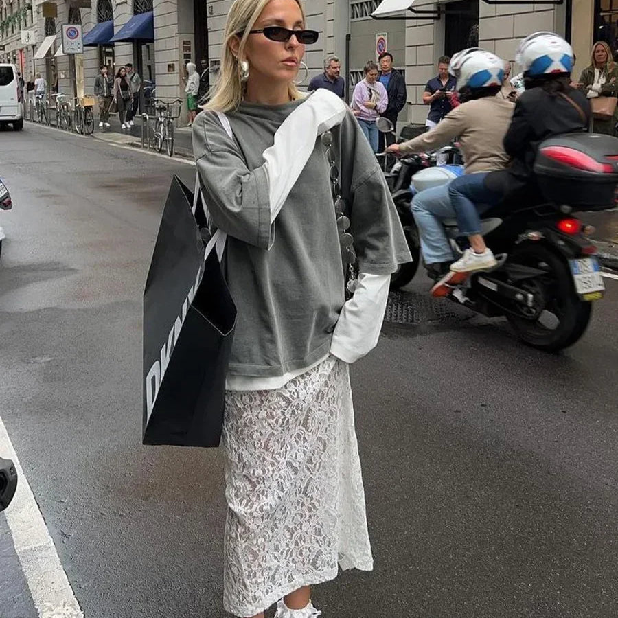 DSMTRC Woman Summer New A-Line Maxi Skirt High Waist Female Sexy Perspective White Lace Jacquard Vacation Beach Style Skirt