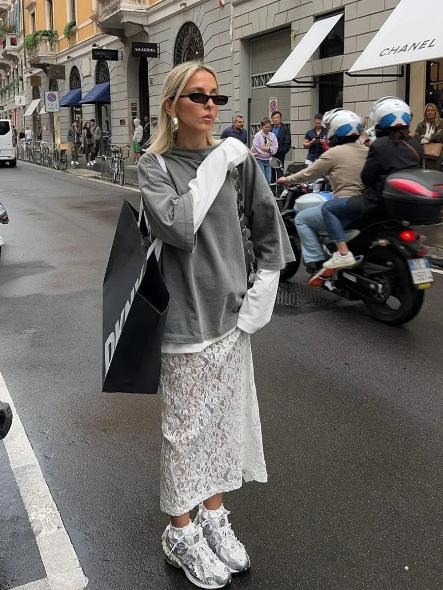 DSMTRC Woman Summer New A-Line Maxi Skirt High Waist Female Sexy Perspective White Lace Jacquard Vacation Beach Style Skirt