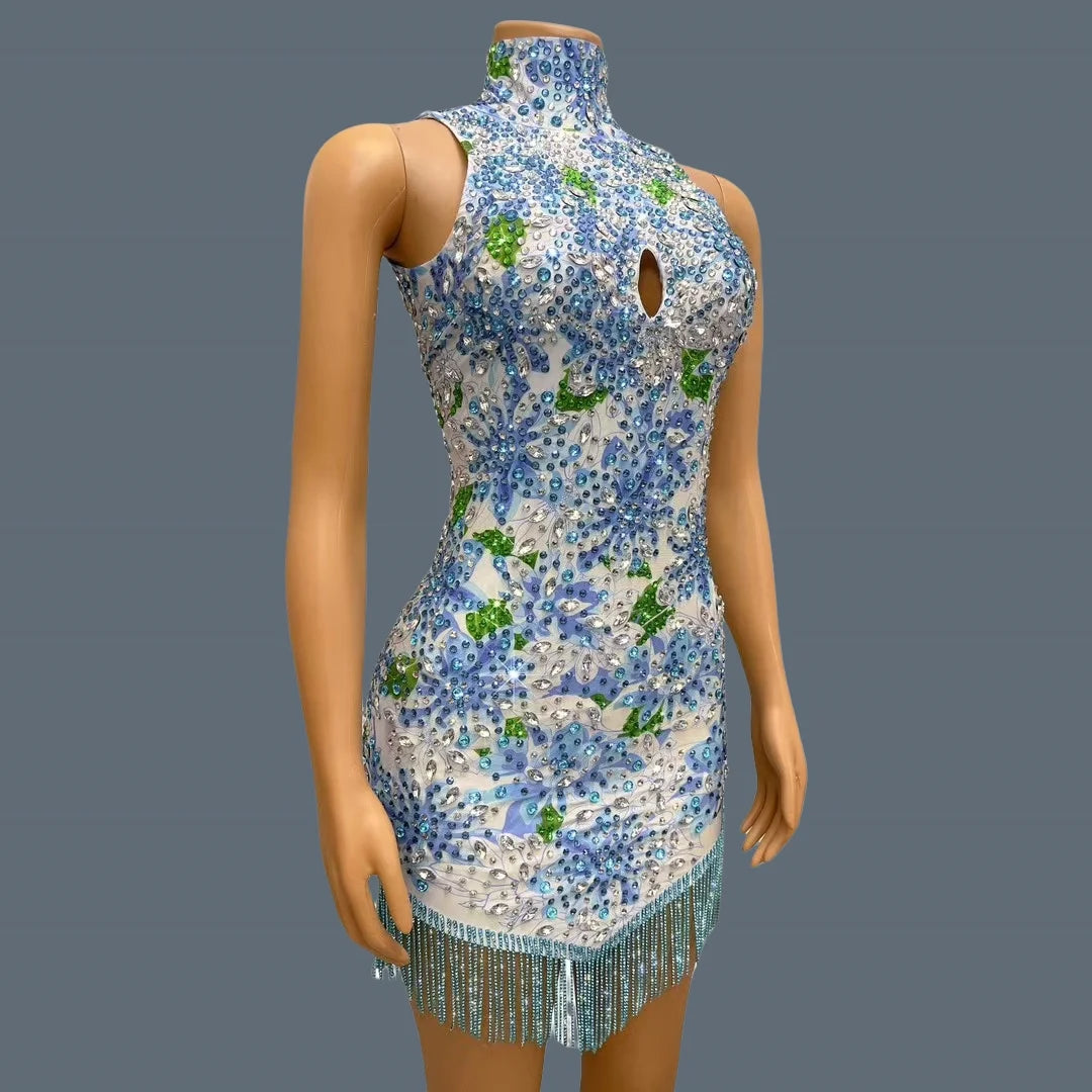 NEW Cheongsam Type Short Dress Sparkly Rhinestone Printing Tassel Elastic Mini Dress for Women Photo Shoot Sexy Dress Lancaihe