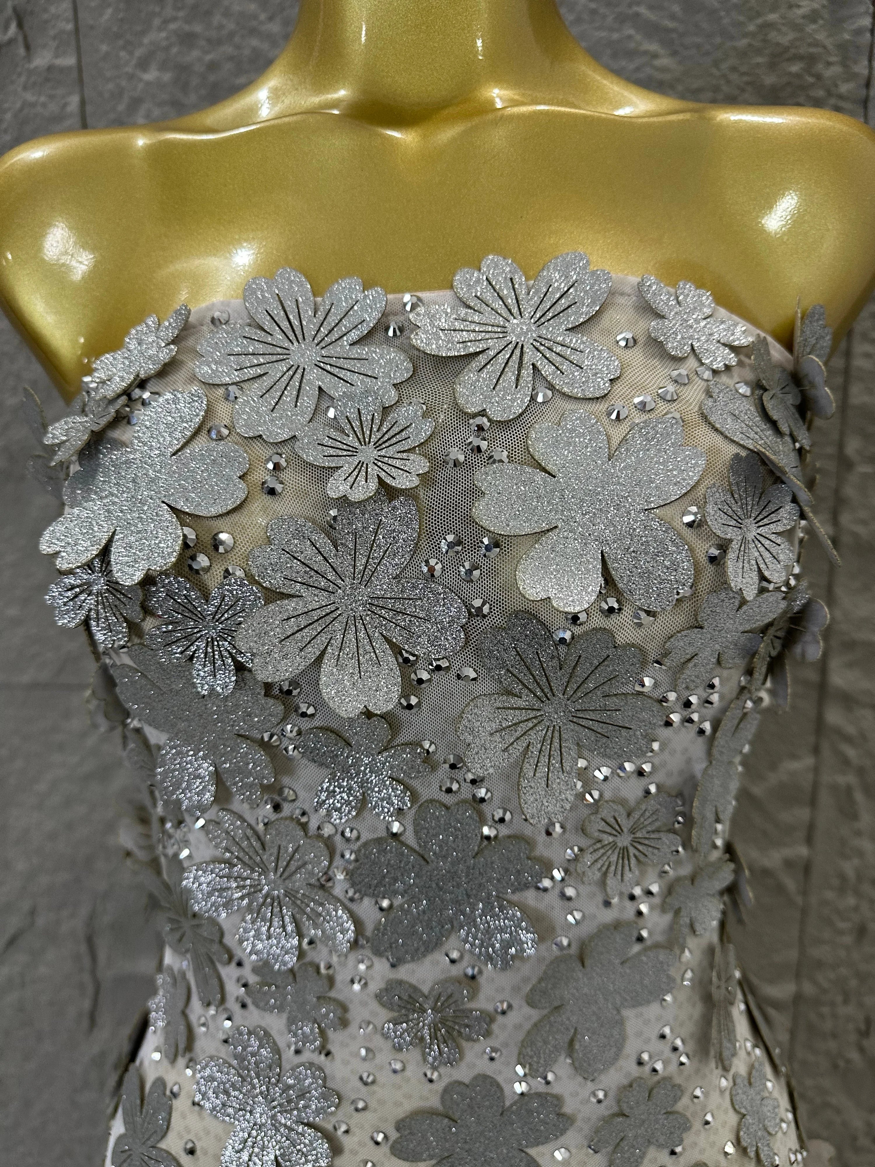 Sparkly Women Sexy Strapless Slim-fit 3D Flower Evening Gala Party Nightclub Cocktail Party Stage Performance Costume