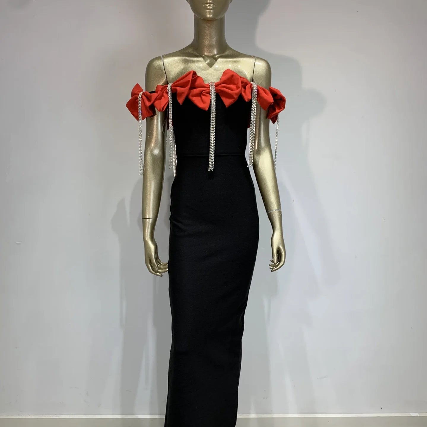 2024 New Women Sexy Off the Shoulder Bodycon Bandage Long Dress Bow Chain Elegant Evening Party Celebrate Birthday Dress Red