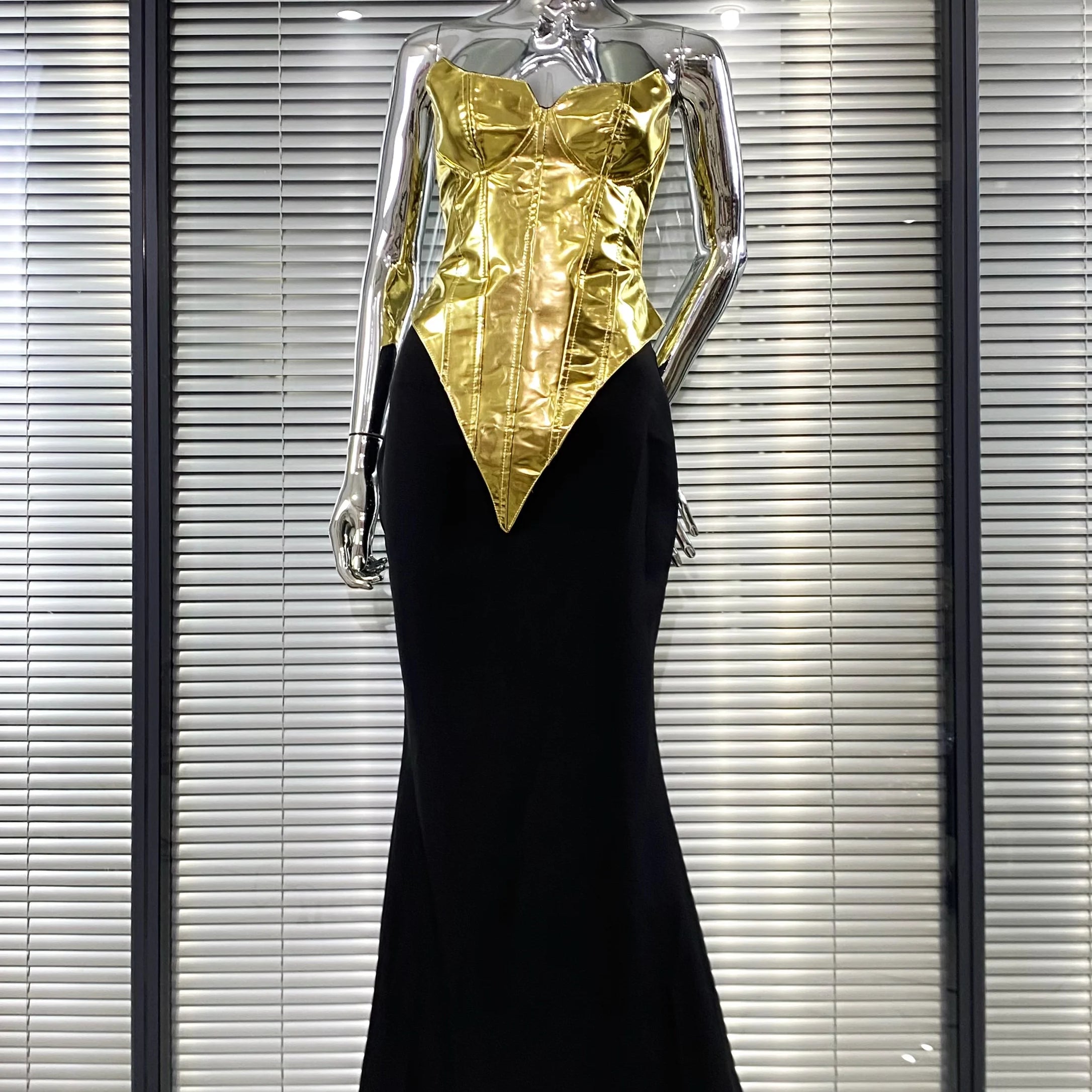 Women Sexy Gold Laced-up Tops Long Maxi Skirt Set Celebrate Evening Party Nightclub Fashion Cocktail Outfit Dress