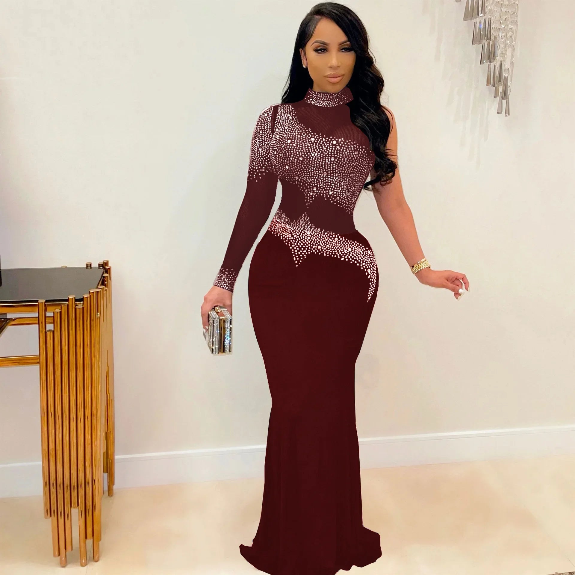 Women Diamonds Hot Rhinestones Bodycon Midi Maxi Mermaid Dress Elegant Sexy Party Club One Long Sleeve Long Dresses Claret