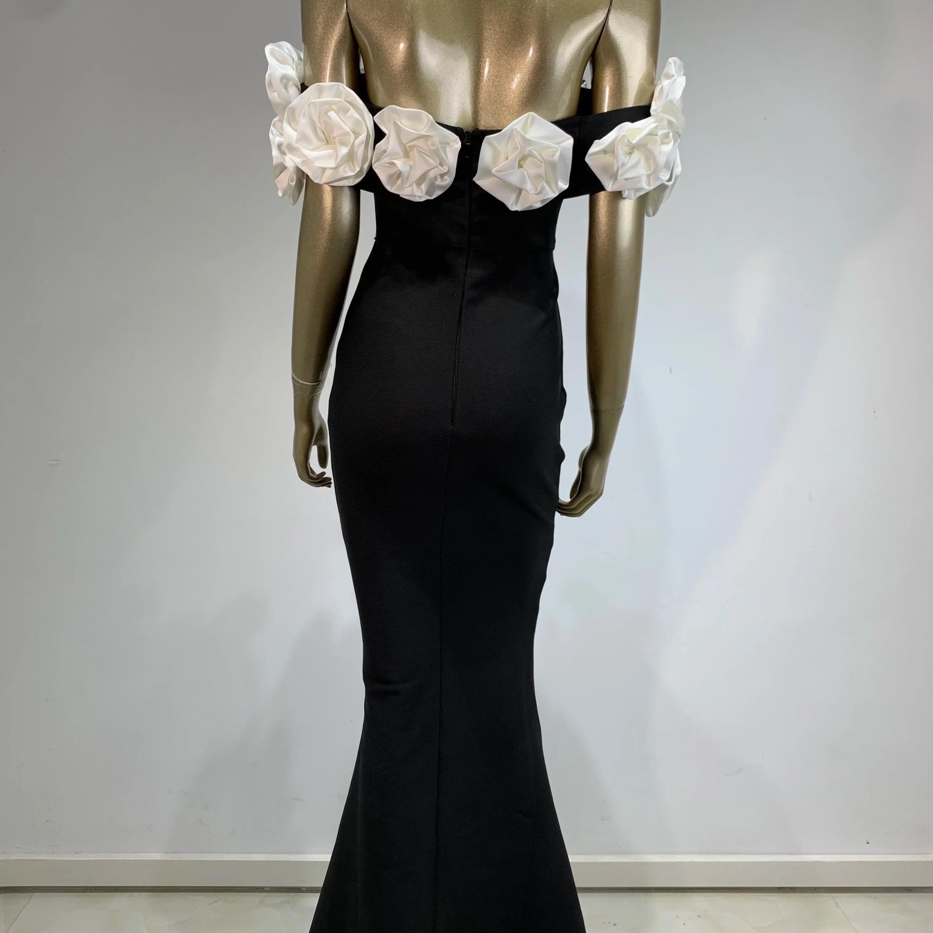 Women Celebrity Summer Sexy Off Shoulder Black Flower Maxi Long Bodycon Bandage Dress Elegant Evening Club Party Outfit