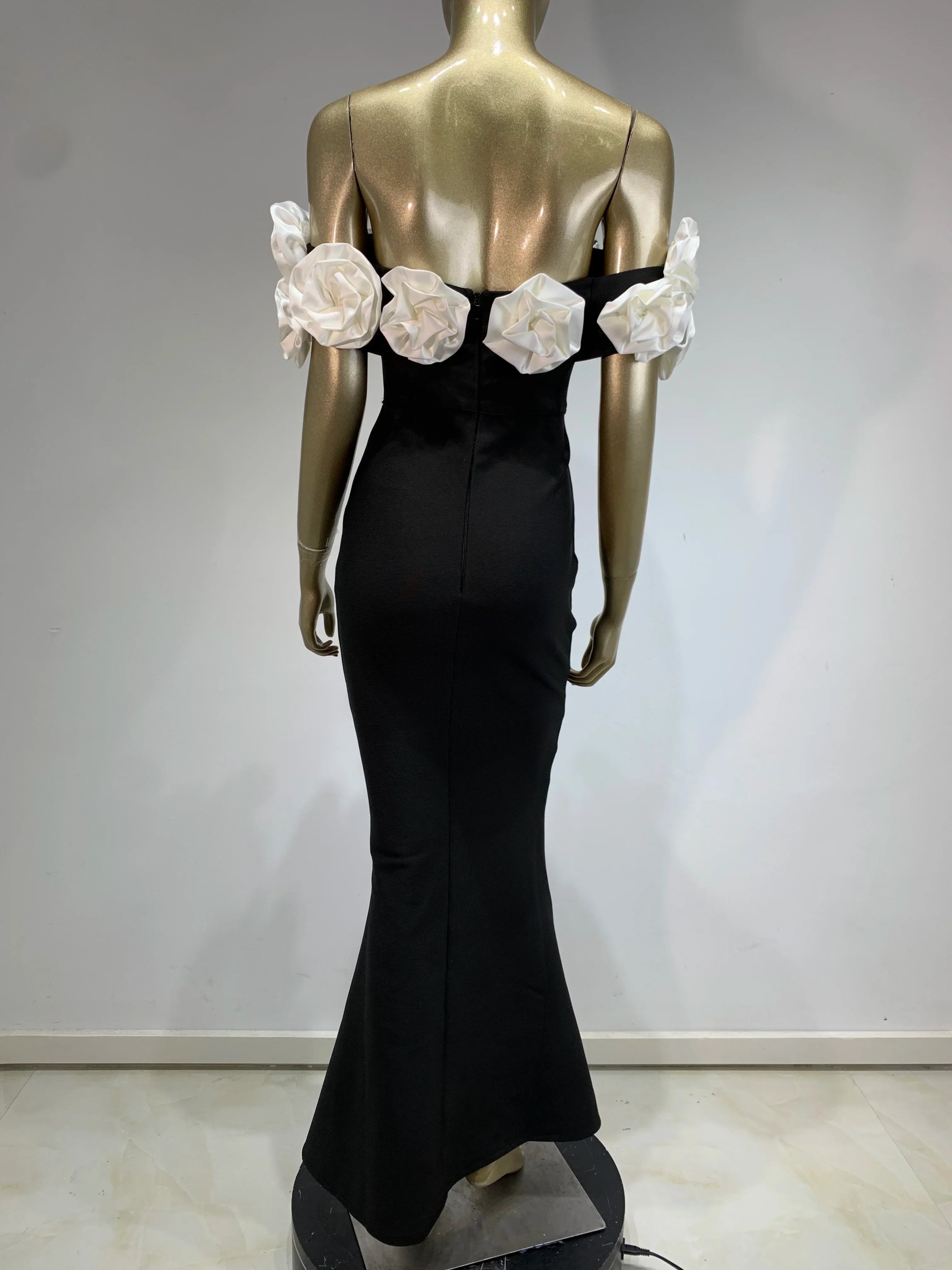 Women Celebrity Summer Sexy Off Shoulder Black Flower Maxi Long Bodycon Bandage Dress Elegant Evening Club Party Outfit