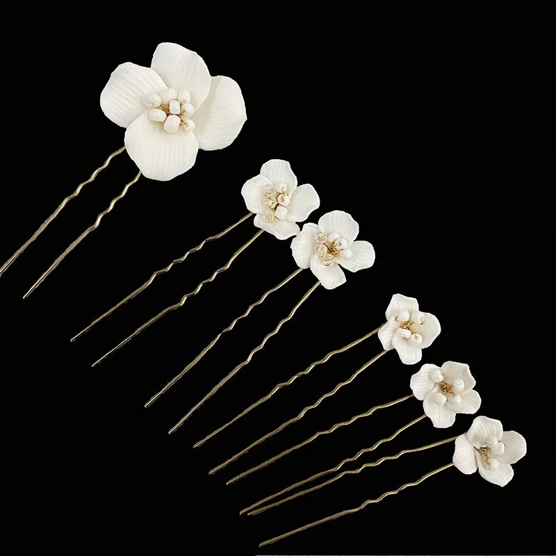 6PCS White Ceramic Flower Wedding Hair Pins Women Jewelry Accessories Handmade Head Decoration Tiara Ornament