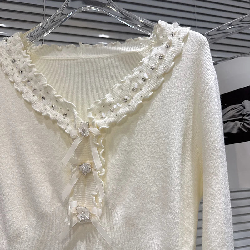 Winter New Sweet Fashion V-Neck Lace Rhinestone Elastic Knitted Sweater For Women Slim Fit Pullover Female 11A07928