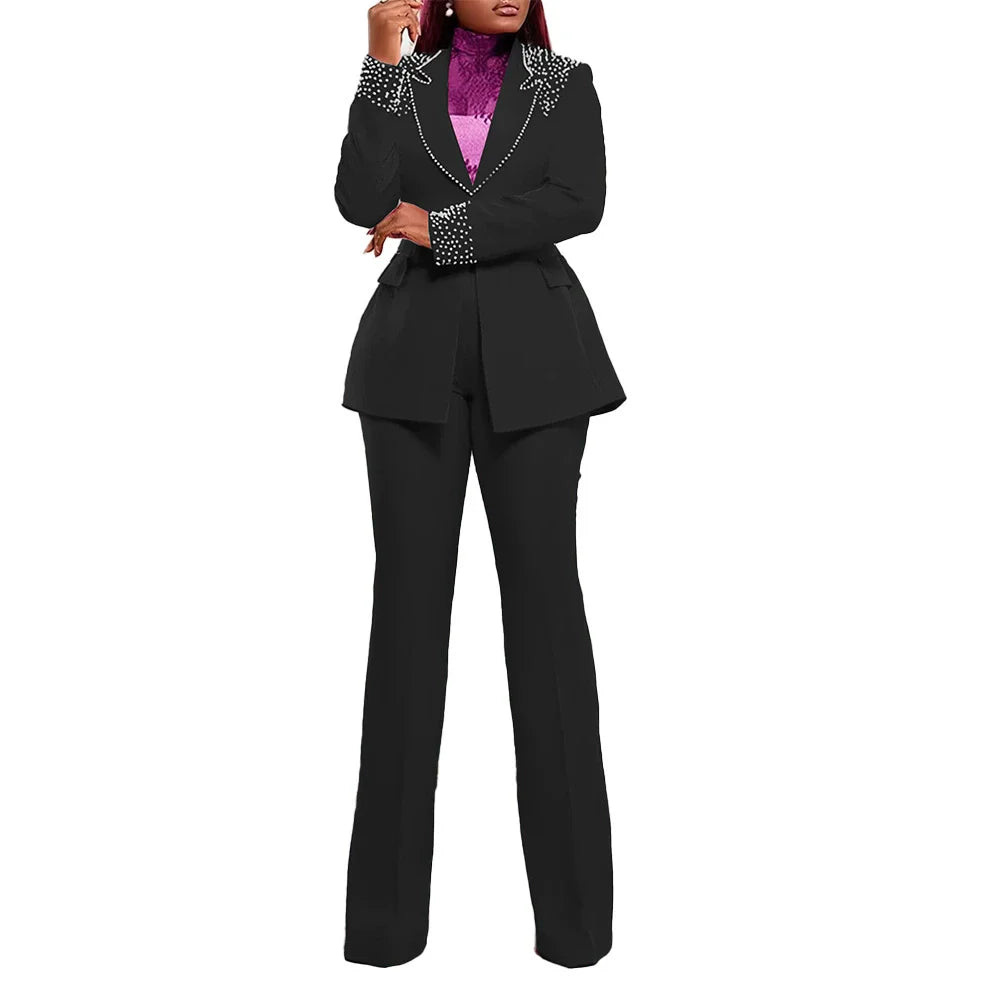 CM.YAYA Fashion Pearl Splicing Women's Set Long Sleeve Blazer and Wide Leg Pants Suit 2024 Winter OL Fall Two 2 Piece Set Outfit