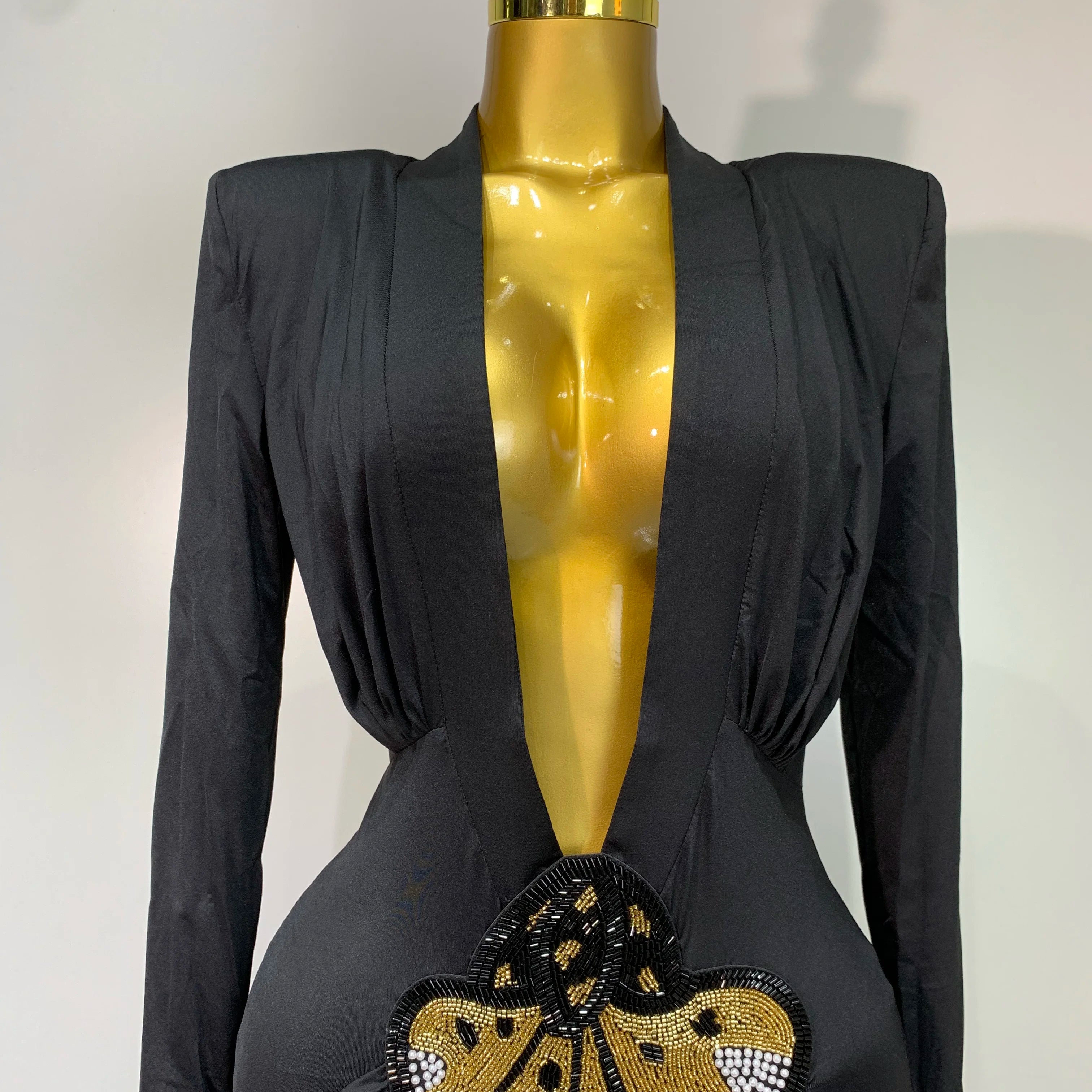 Women Sexy Deep V-Neck Bead Long Sleeved Bodycon Prom Gowns Elegant Celebrity Evening Maxi Dress Luxury Birthday Dress Wedding