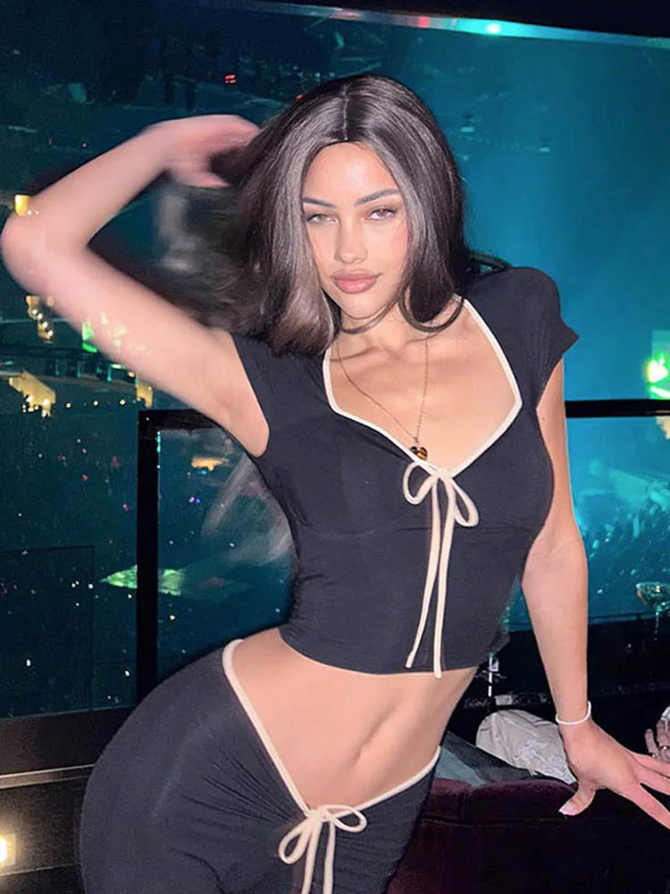 Y2k Summer Crop Top Bow Baby Tees Womens Clothes Chic Cute Low Cut Short Sleeve T Shirts Black