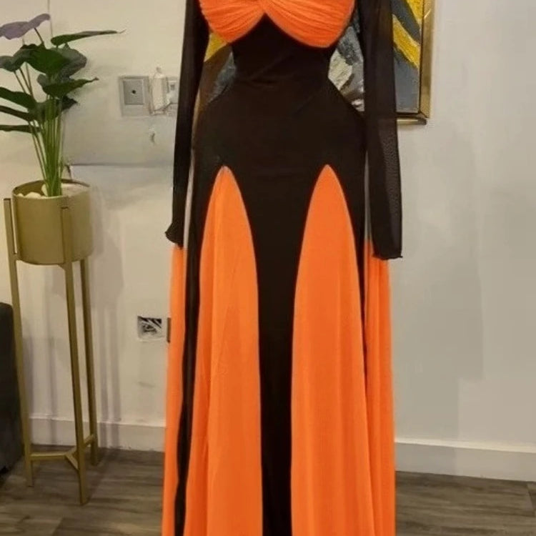 GLCMYAYA Women Long Sleeve Draped Front Midi A-line Patchwork Maxi Long Dress 2025 Vacation Holiday Party Birthday Dresses ORANGE RED