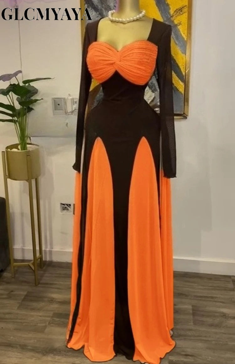 GLCMYAYA Women Long Sleeve Draped Front Midi A-line Patchwork Maxi Long Dress 2025 Vacation Holiday Party Birthday Dresses ORANGE RED