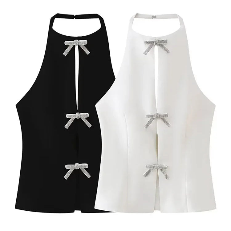 Elegant Rhinestones Bow Halter Vest Women Sleeveless Backless Hollow Out Lace Up Female Tops Summer Fashion Lady Sling Top