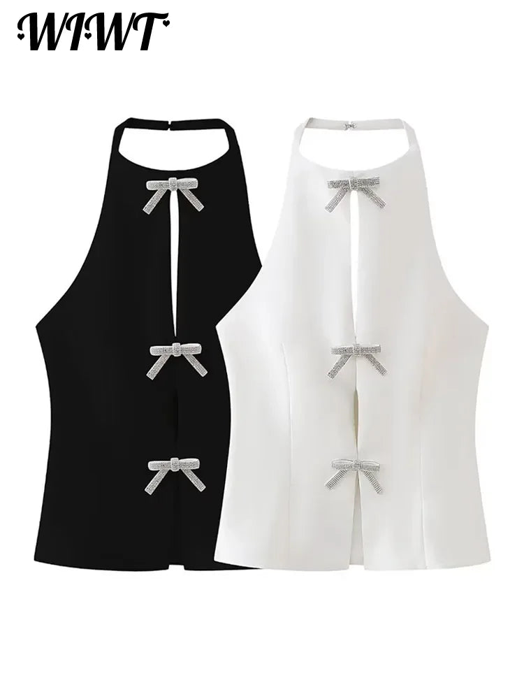 Elegant Rhinestones Bow Halter Vest Women Sleeveless Backless Hollow Out Lace Up Female Tops Summer Fashion Lady Sling Top