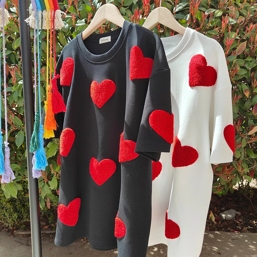 White 100% Cotton T-shirt for Women Summer Loose Oversized T-shirt with Heart Embroidery O-neck Pullovers Short Sleeve Tops