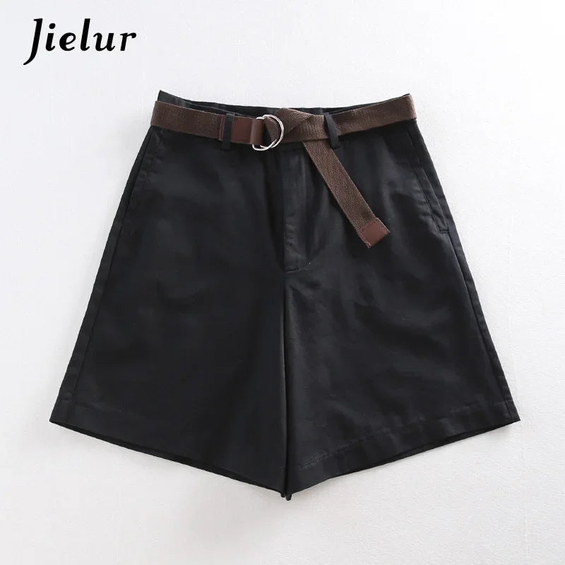 Jielur Shorts All-match 4 Solid Color Sashes Casual Shorts Women A-line High Waist Slim Short Femme Chic S-XXL Ladies Bottom black