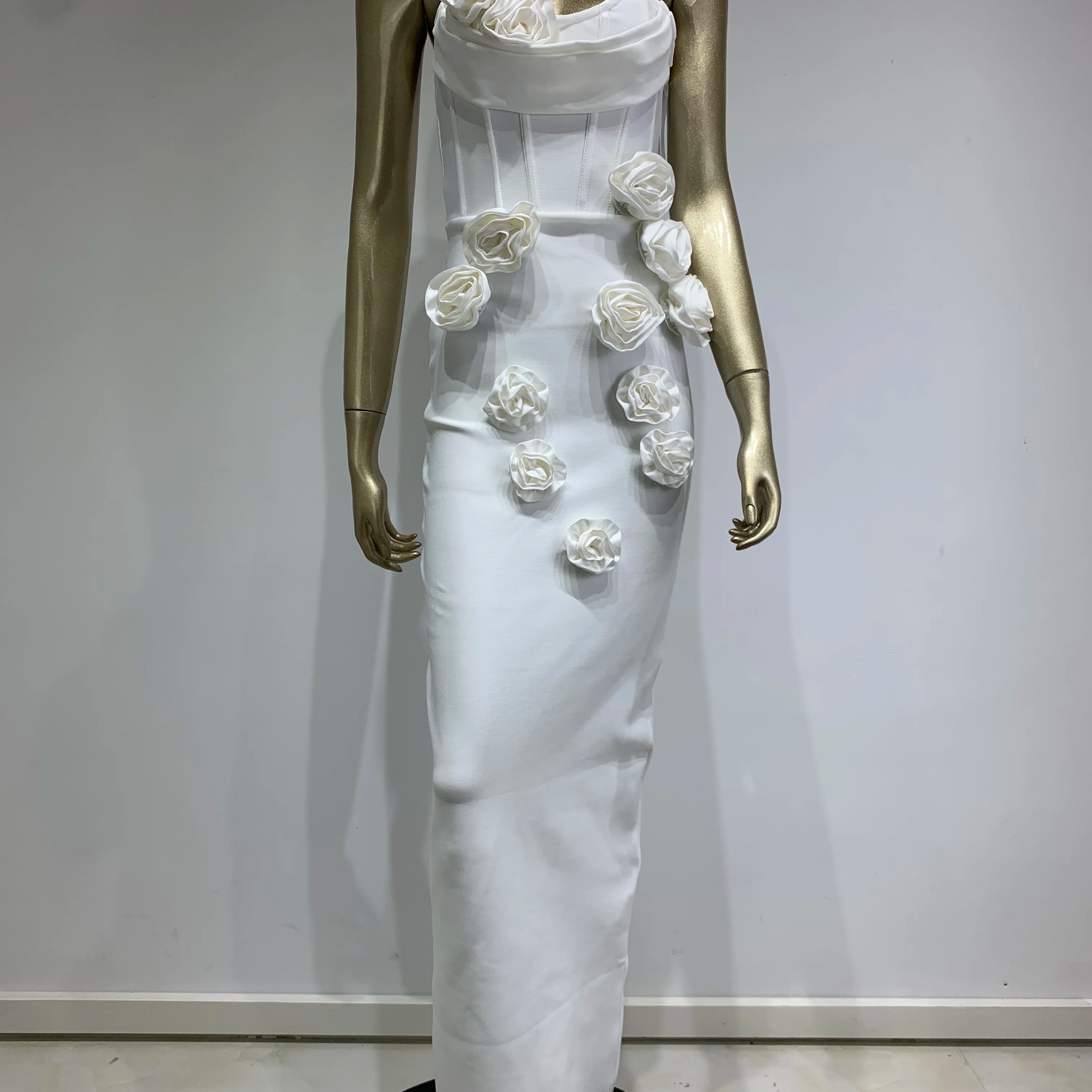 Women Celebrity Sexy Strapless Backless Flower White Maxi Long Bodycon Bandage Dress 2024 Elegant Evening Club Party Dress