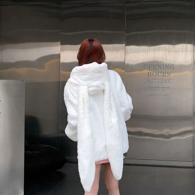 Winter Oversized Warm White Faux Fur Coat Women ith Bunny Ears Kawaii Sweet Cute Japanese Style Fluffy Jacket Hoodie