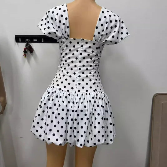 Women Dot Printed Draped Big Swing Waist Dress 2025 Short Sleeve Evening Sexy Club Party Evening High Street Dresses