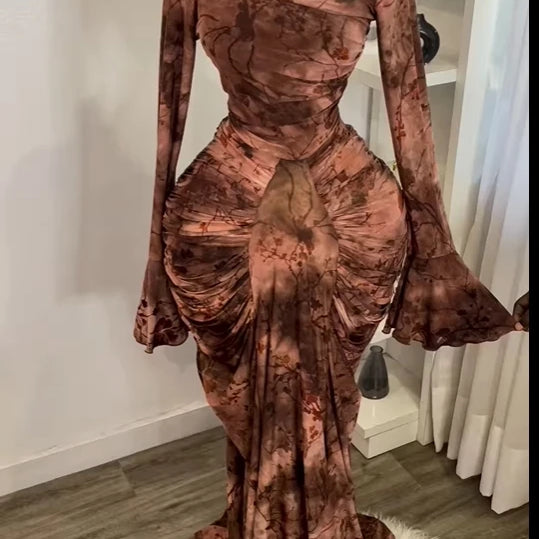 CM.YAYA Women Tie Dye Printed Skew Neck Flare Long Sleeve Ruched Stacked Maxi Long Dress 2025 Summer Birthday Sexy Party Dresses