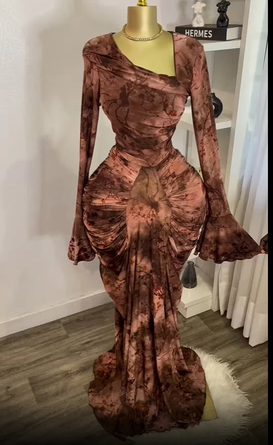 CM.YAYA Women Tie Dye Printed Skew Neck Flare Long Sleeve Ruched Stacked Maxi Long Dress 2025 Summer Birthday Sexy Party Dresses