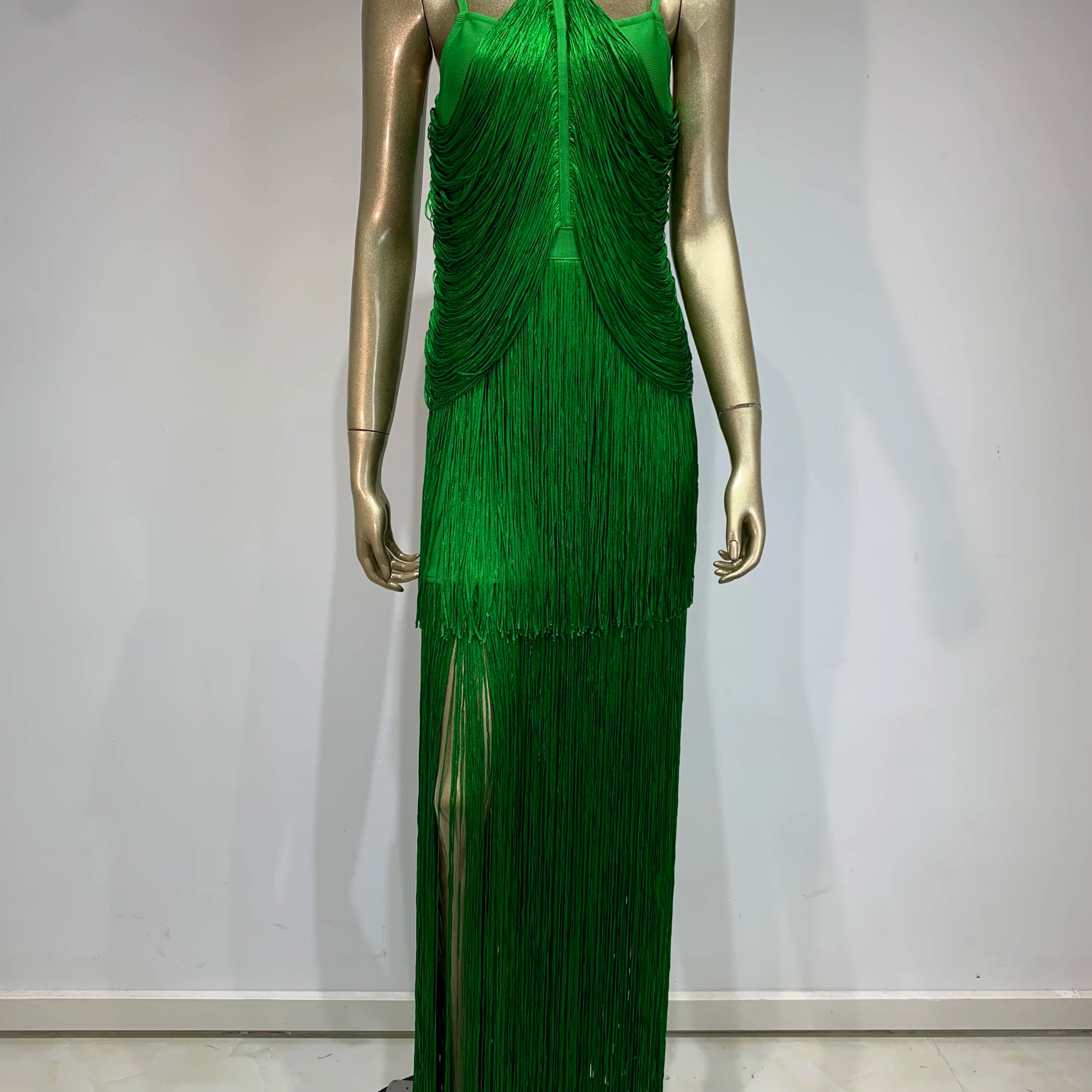 Women Celebrity Luxury Sexy Backless Tassel Green Ankle Length Bodycon Bandage Dress Elegant Evening Club Party Outfit