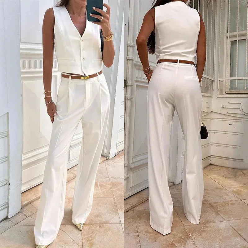Solid Casual Vest Pants Women 2 Piece Set V-neck Sleeveless Single Breasted Vests Wide Trousers Summer Office Lady Outfit WHITE L